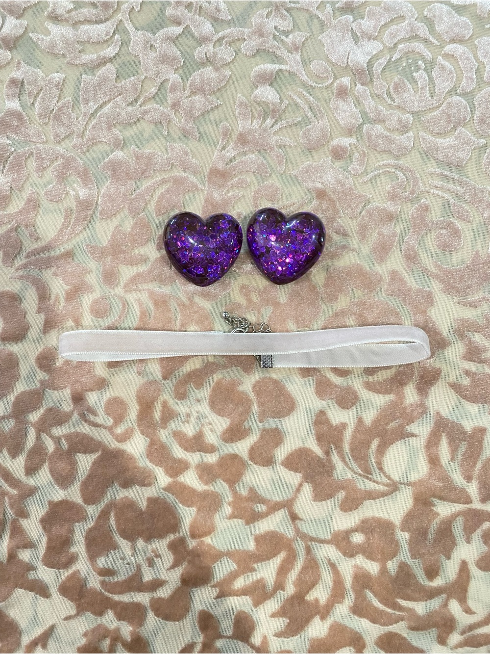 Y2K Whimsigoth Jewelry Set - Purple Heart Chunky Studs & Lavender Velvet Choker